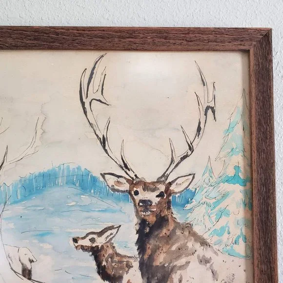 Vintage Deer Racoon Watercolor Painting Framed